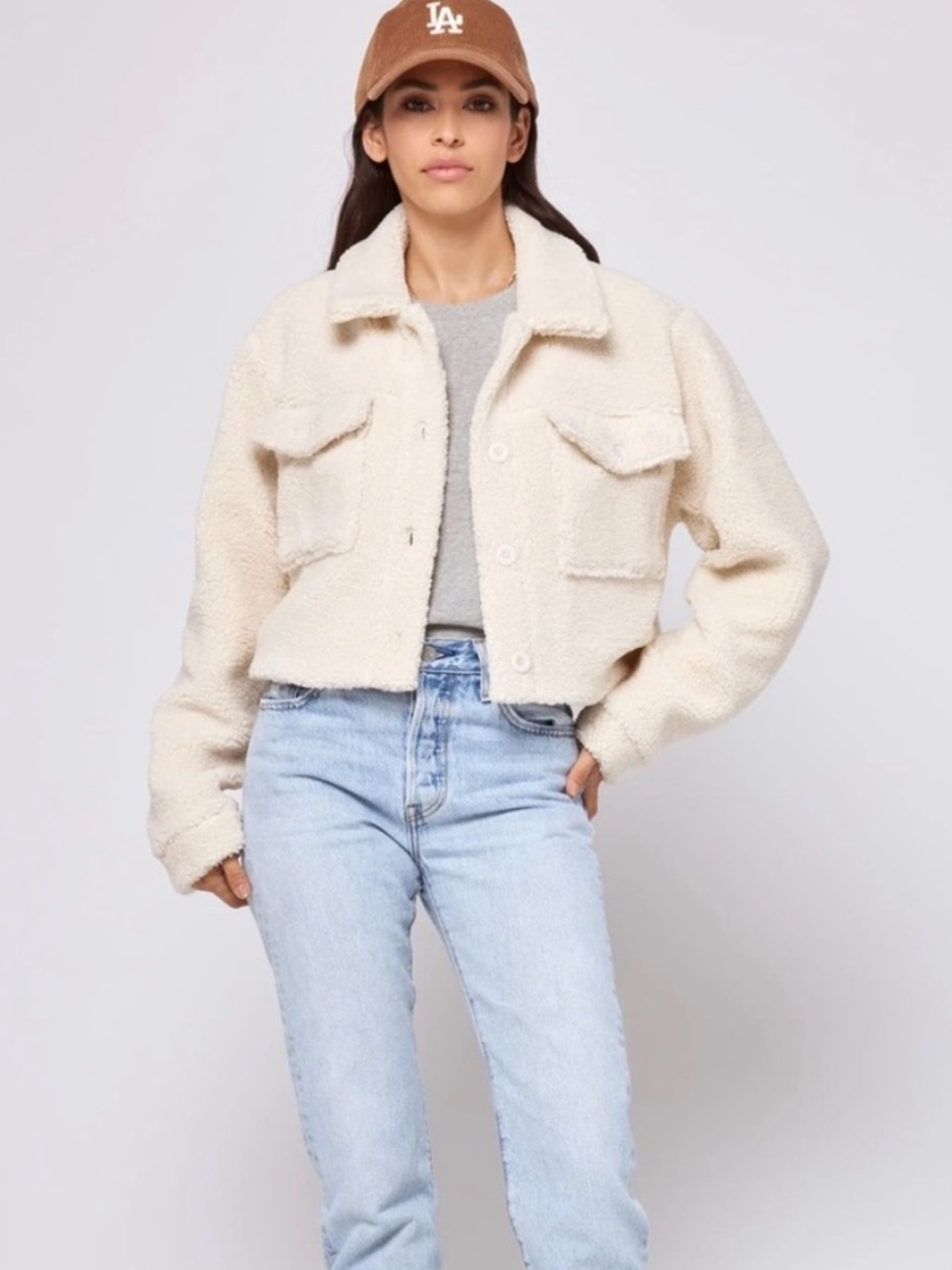 L’ Space Cream Sonoma Sherpa Button-Up Jacket crop